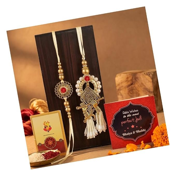 TIED RIBBONS Rakhi for Brother and Bhabhi - Traditional Rakhi Set of 2 with Greeting Card and Tikka - Bracelet Lumba Rakhi's for Bhaiya Bhabhi - for Rakshabandhan Couple - Image 2
