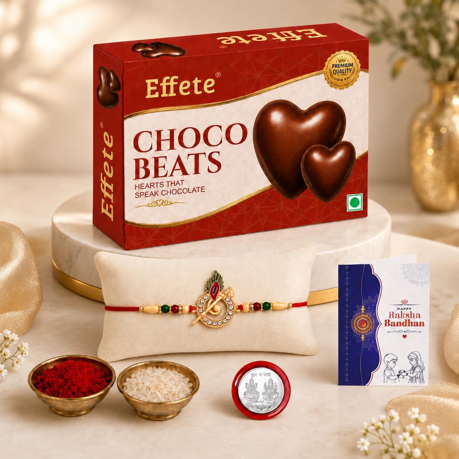 Oblivion Designer Murli Flute Rakhi for Brother with Choco Beats Chocolate 32gm, Pooja Coin, Roli Chawal & Card | Rakhi with Chocolate Combo for Raksha Bandhan Visit the Oblivion Store - Image 2