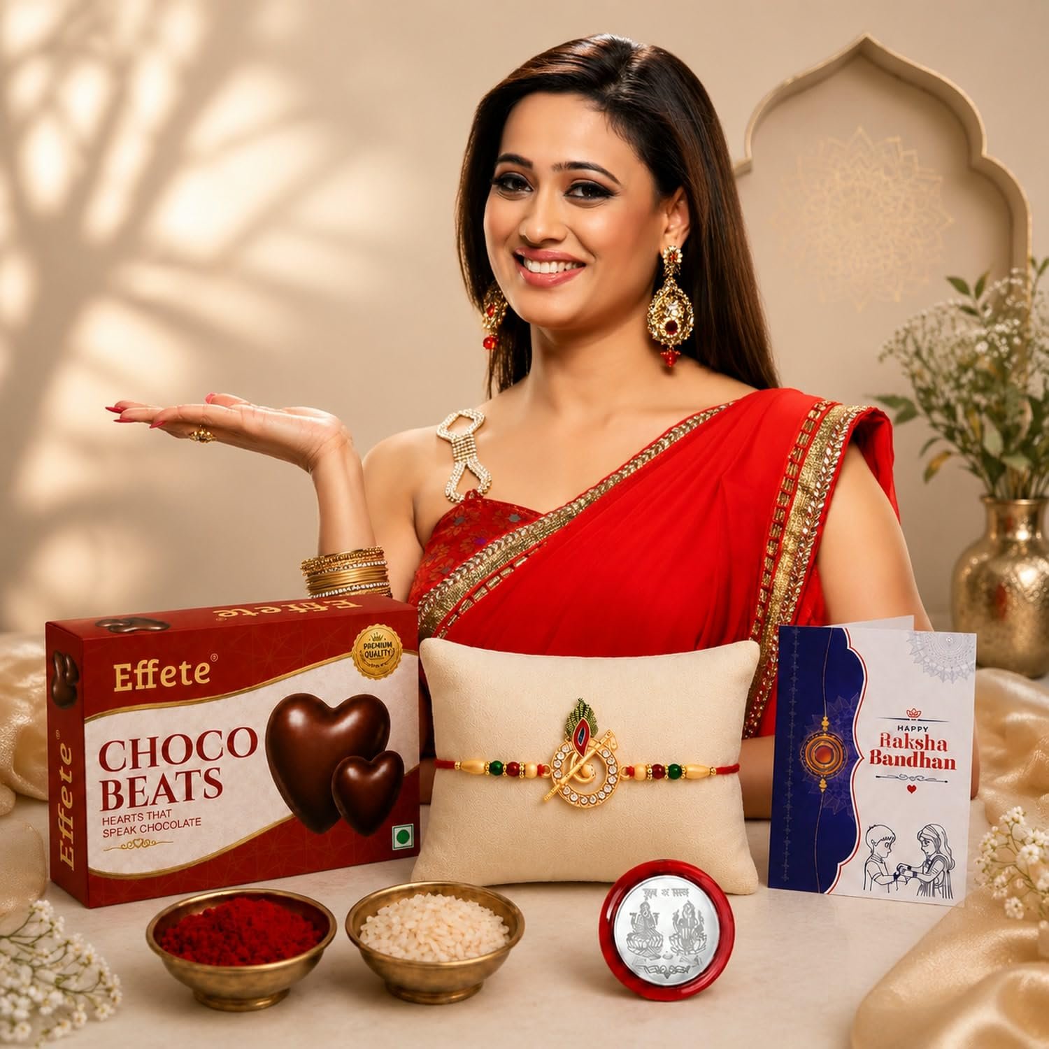Oblivion Designer Murli Flute Rakhi for Brother with Choco Beats Chocolate 32gm, Pooja Coin, Roli Chawal & Card | Rakhi with Chocolate Combo for Raksha Bandhan Visit the Oblivion Store - Image 3