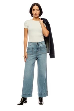 INKD Women's Wide Leg Denims - High Rise | 100% Cotton | Full Length Wide Leg Jeans for Woman|70's Style | Patch Pocket | 4 Pocket Styling | Jeans for Women