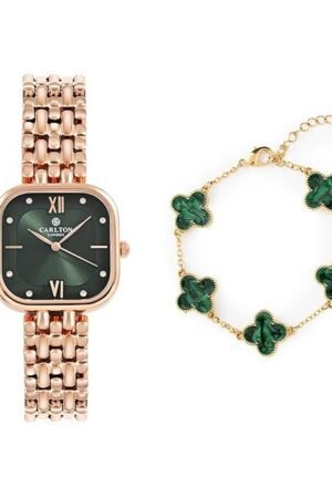 Carlton London Women Green Dial Watch and Bracelet | Stainless Steel, Premium, Stylish Analog Wrist Watch with Golden Strap & Bracelet Set, Elegant Quartz Timepiece | Water Resistant | Luxury Square Watch Gift Set